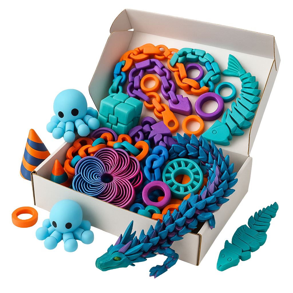 FidgetDrop hero box overflowing with 3D printed fidgets